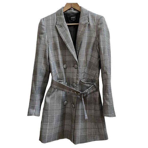 Bardot Gray Monochrome Glenchek Belted Double Breasted Trench Coat Size 6 Medium - Picture 2 of 15